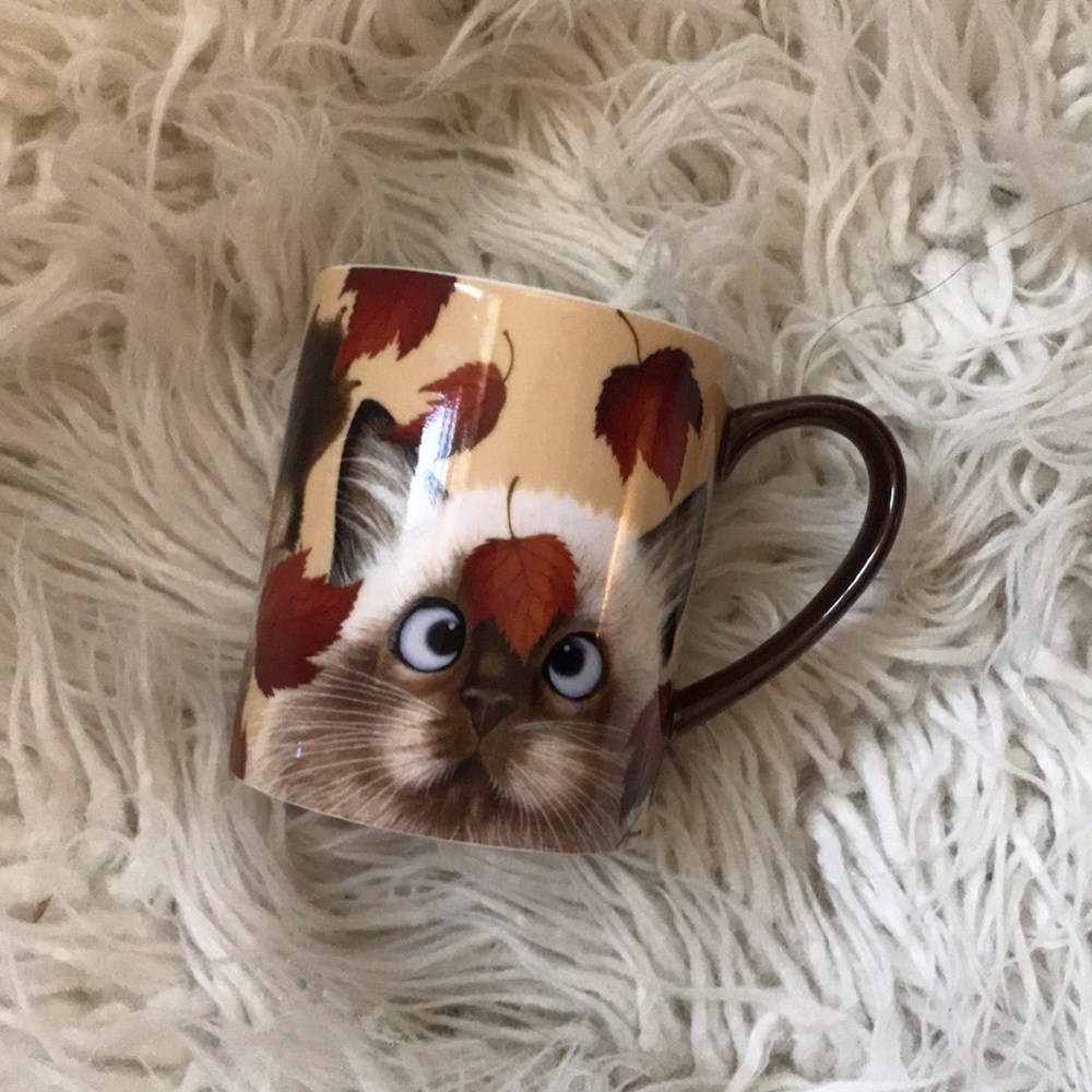Cat catching leaves mug 14 oz.